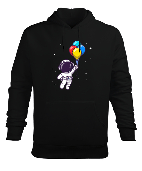 Tisho - Astronot ve Balonlar Tasarım Baskılı Siyah Erkek Kapüşonlu Hoodie Sweatshirt