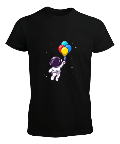 Astronot ve Balonlar Tasarım Baskılı Siyah Erkek Tişört