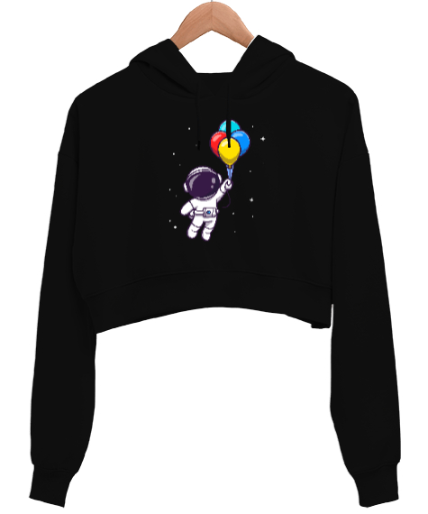 Tisho - Astronot ve Balonlar Tasarım Baskılı Siyah Kadın Crop Hoodie Kapüşonlu Sweatshirt