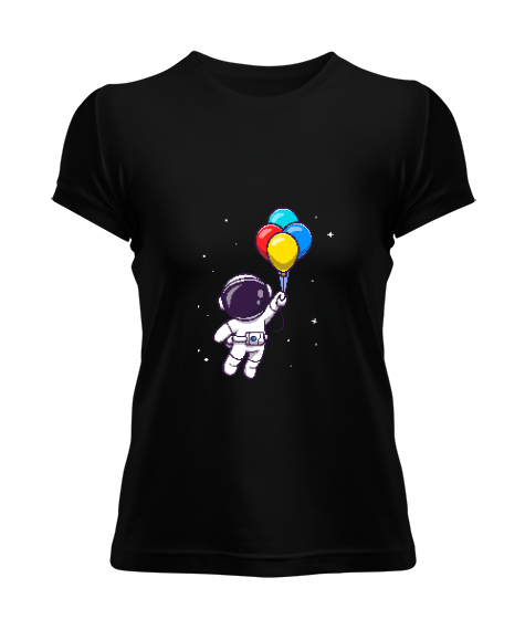 Tisho - Astronot ve Balonlar Tasarım Baskılı Siyah Kadın Tişört