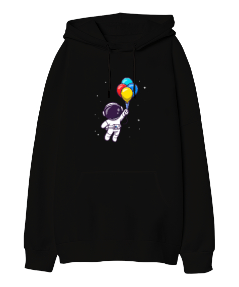 Tisho - Astronot ve Balonlar Tasarım Baskılı Siyah Oversize Unisex Kapüşonlu Sweatshirt