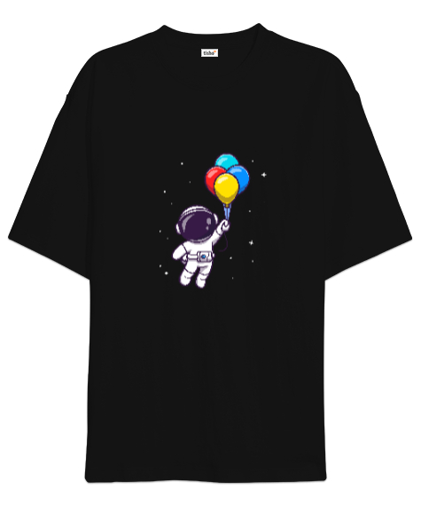 Tisho - Astronot ve Balonlar Tasarım Baskılı Siyah Oversize Unisex Tişört