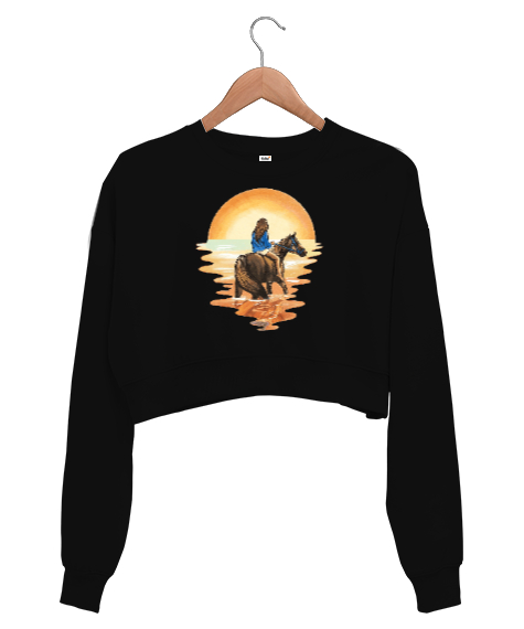 Tisho - At Binen Kız - Günbatımı Siyah Kadın Crop Sweatshirt