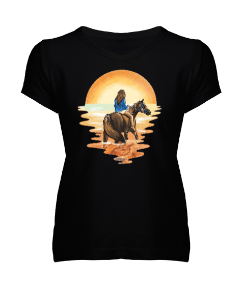 Tisho - At Binen Kız - Günbatımı Siyah Kadın V Yaka Tişört