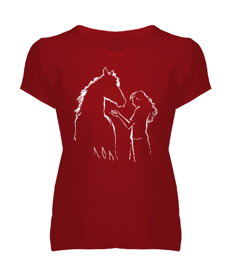 Tisho - At ve Kız Kırmızı Kadın V Yaka Tişört
