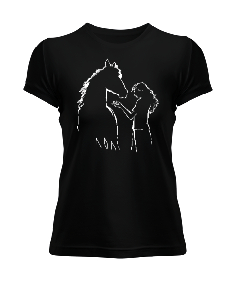 Tisho - At ve Kız Siyah Kadın Tişört
