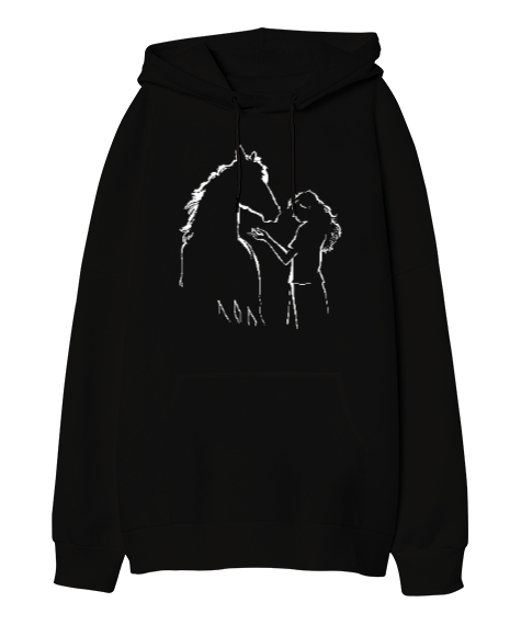 Tisho - At ve Kız Siyah Oversize Unisex Kapüşonlu Sweatshirt
