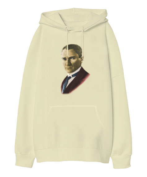 Tisho - Atatürk baskılı Krem Oversize Unisex Kapüşonlu Sweatshirt