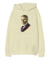 Atatürk baskılı Krem Oversize Unisex Kapüşonlu Sweatshirt - Tisho