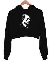 Atatürk Baskılı Siyah Kadın Crop Hoodie Kapüşonlu Sweatshirt - Tisho