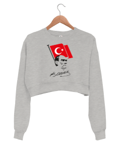 Atatürk, Bayrak ve İmzası Kadın Crop Sweatshirt - Tisho