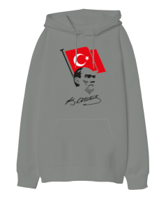 Atatürk, Bayrak ve İmzası Oversize Unisex Kapüşonlu Sweatshirt - Tisho