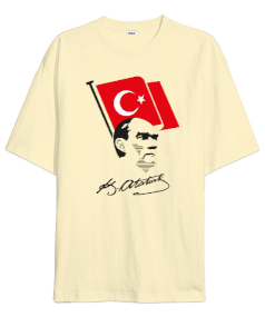 Atatürk, Bayrak ve İmzası Oversize Unisex Tişört - Tisho