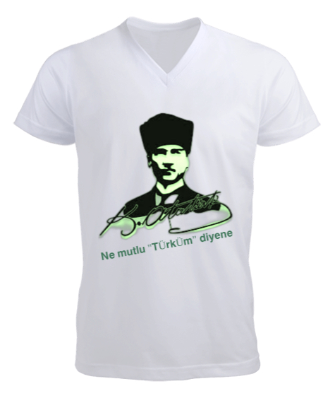 Tisho - Atatürk Beyaz Erkek Kısa Kol V Yaka Tişört