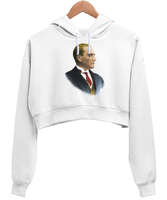 Atatürk Beyaz Kadın Crop Hoodie Kapüşonlu Sweatshirt - Tisho