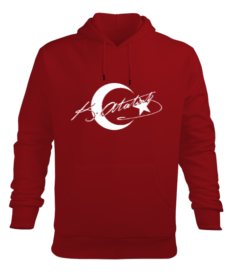 Tisho - Atatürk imzalı Ay Yıldız Baskılı Kırmızı Erkek Kapüşonlu Hoodie Sweatshirt