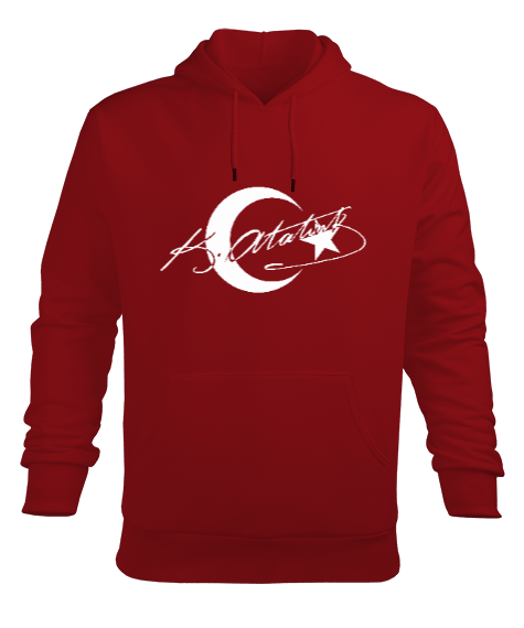 Atatürk imzalı Ay Yıldız Baskılı Kırmızı Erkek Kapüşonlu Hoodie Sweatshirt - Tisho
