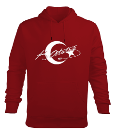 Atatürk imzalı Ay Yıldız Baskılı Kırmızı Erkek Kapüşonlu Hoodie Sweatshirt - Tisho