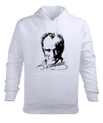 Atatürk imzalı Beyaz Erkek Kapüşonlu Hoodie Sweatshirt - Tisho