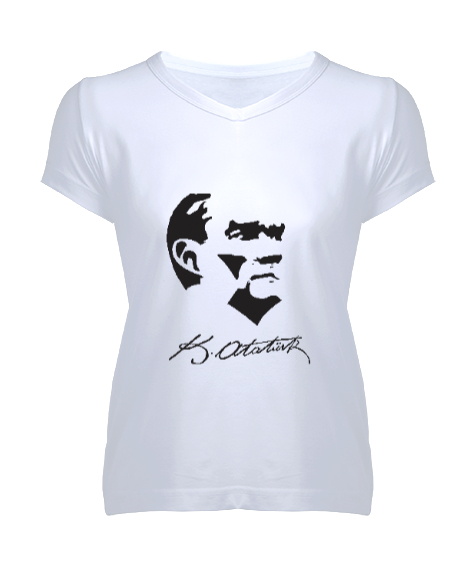 Tisho - Atatürk İmzalı Beyaz Kadın V Yaka Tişört