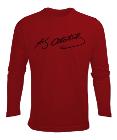 Atatürk İmzalı Kırmızı uzun kol Erkek Uzun Kol Yazlık Tişört - Tisho