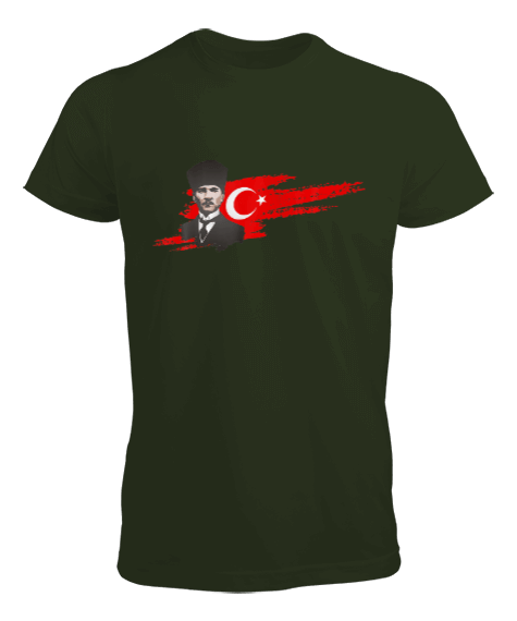 Atatürk Türkiye Baskılı Haki Yeşil Erkek Tişört - Tisho