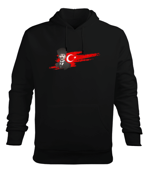 Atatürk Türkiye Baskılı Siyah Erkek Kapüşonlu Hoodie Sweatshirt - Tisho