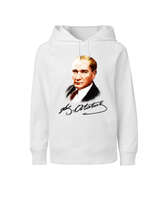 Atatürk ve İmzası Blu V1 Beyaz Çocuk Unisex Hoodie Kapüşonlu - Tisho