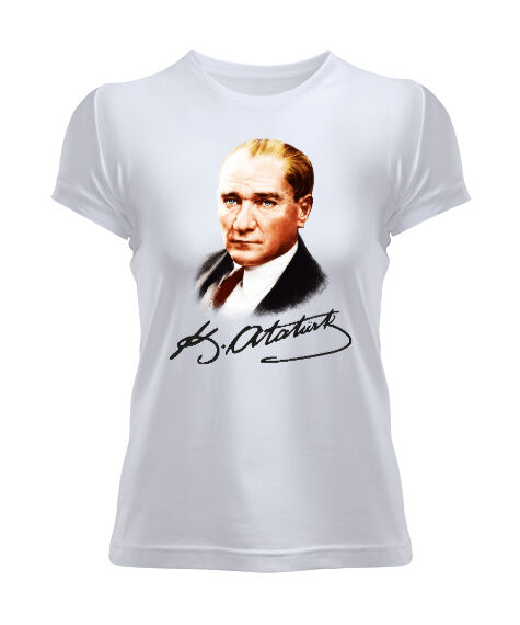 Tisho - Atatürk ve İmzası Blu V1 Beyaz Kadın Tişört