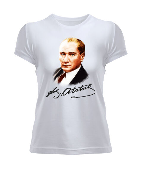Atatürk ve İmzası Blu V1 Beyaz Kadın Tişört - Tisho