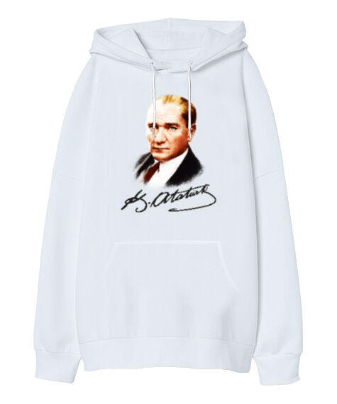 Tisho - Atatürk ve İmzası Blu V1 Beyaz Oversize Unisex Kapüşonlu Sweatshirt