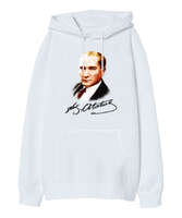 Atatürk ve İmzası Blu V1 Beyaz Oversize Unisex Kapüşonlu Sweatshirt - Tisho