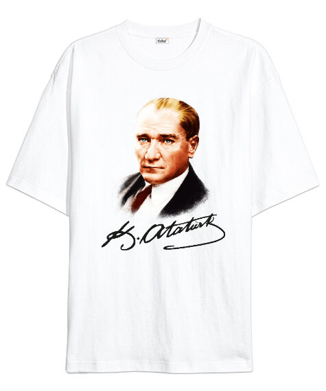 Tisho - Atatürk ve İmzası Blu V1 Beyaz Oversize Unisex Tişört