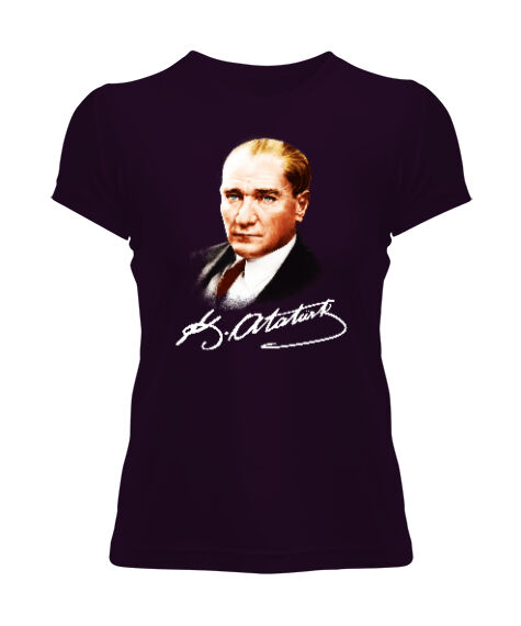 Tisho - Atatürk ve İmzası Blu V1 Koyu Mor Kadın Tişört