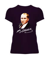 Atatürk ve İmzası Blu V1 Koyu Mor Kadın Tişört - Tisho