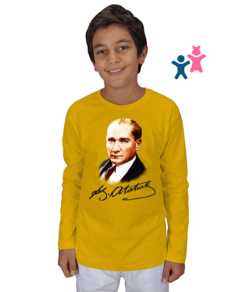 Tisho - Atatürk ve İmzası Blu V1 Sarı Çocuk Unisex Uzunkollu