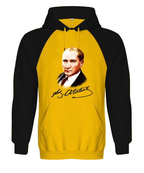 Tisho - Atatürk ve İmzası Blu V1 Sarı/Siyah Orjinal Reglan Hoodie Unisex Sweatshirt