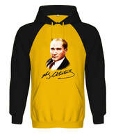 Atatürk ve İmzası Blu V1 Sarı/Siyah Orjinal Reglan Hoodie Unisex Sweatshirt - Tisho