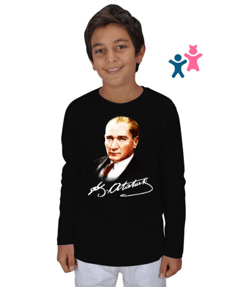 Tisho - Atatürk ve İmzası Blu V1 Siyah Çocuk Unisex Uzunkollu