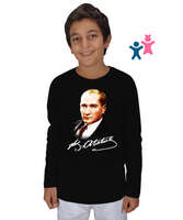 Atatürk ve İmzası Blu V1 Siyah Çocuk Unisex Uzunkollu - Tisho