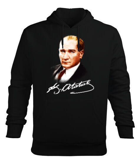 Atatürk ve İmzası Blu V1 Siyah Erkek Kapüşonlu Hoodie Sweatshirt - Tisho