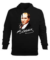 Atatürk ve İmzası Blu V1 Siyah Erkek Kapüşonlu Hoodie Sweatshirt - Tisho