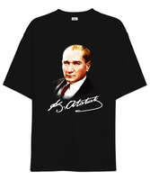 Atatürk ve İmzası Blu V1 Siyah Oversize Unisex Tişört - Tisho