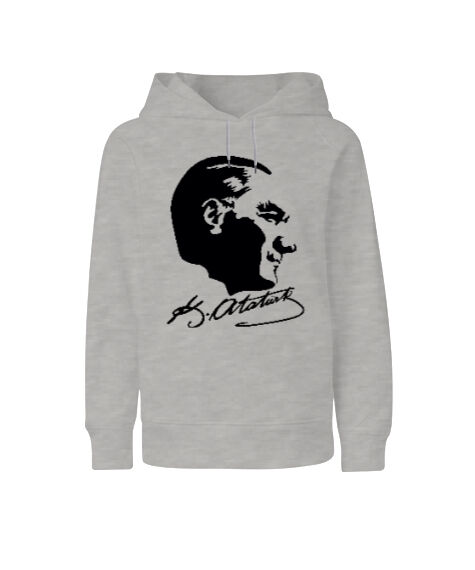 Tisho - Atatürk ve İmzası Blu V2 Gri Çocuk Unisex Hoodie Kapüşonlu