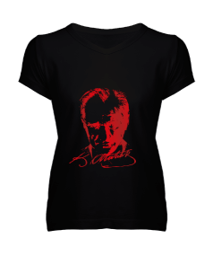 Atatürk yüzlü Kadın V Yaka Tişört - Tisho