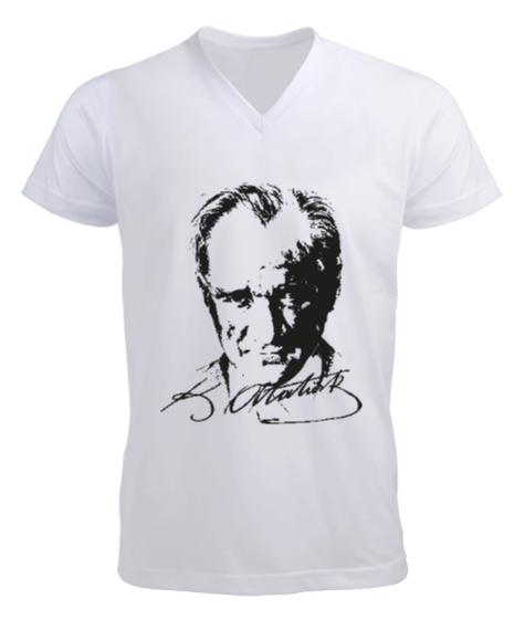Tisho - Atatürk,Türkiye. Beyaz Erkek Kısa Kol V Yaka Tişört