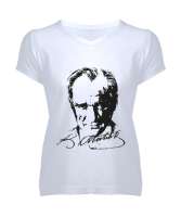 Atatürk,Türkiye. Beyaz Kadın V Yaka Tişört - Tisho