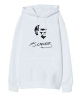 Atatürk,Türkiye. Beyaz Oversize Unisex Kapüşonlu Sweatshirt - Tisho