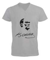 Atatürk,Türkiye. Gri Erkek Kısa Kol V Yaka Tişört - Tisho