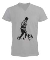 Atatürk,Türkiye. Gri Erkek Kısa Kol V Yaka Tişört - Tisho